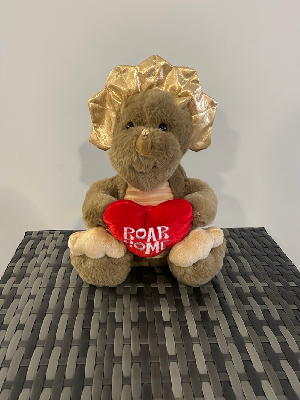 Plush Triceratops Holding Red "Roar Some" Heart - Brown and Gold